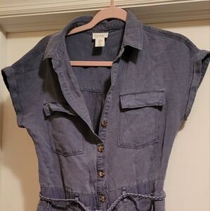 Nicole Miller Blue  Button-Up Romper With Shorts and Braided Belt